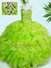 Yellow Green Sleeveless Floor Length Beading and Ruffles Lace Up 15th Birthday Dress