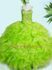 Yellow Green Sleeveless Floor Length Beading and Ruffles Lace Up 15th Birthday Dress