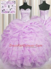 Sleeveless Organza Floor Length Lace Up Quinceanera Gown in Lilac with Beading and Ruffles