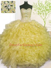 Light Yellow Organza Lace Up Sweetheart Sleeveless Floor Length Quince Ball Gowns Beading and Ruffles and Pick Ups