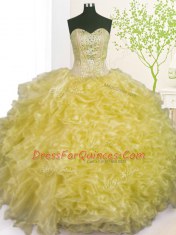 Light Yellow Organza Lace Up Sweetheart Sleeveless Floor Length Quince Ball Gowns Beading and Ruffles and Pick Ups