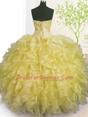 Light Yellow Organza Lace Up Sweetheart Sleeveless Floor Length Quince Ball Gowns Beading and Ruffles and Pick Ups