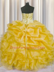 Graceful Sleeveless Beading and Ruffles and Pick Ups Lace Up Quinceanera Dresses