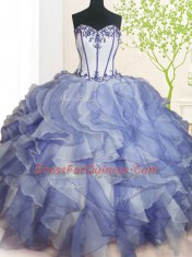 Captivating Blue And White Sleeveless Beading and Ruffles Floor Length 15th Birthday Dress