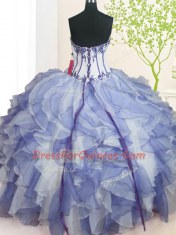Captivating Blue And White Sleeveless Beading and Ruffles Floor Length 15th Birthday Dress