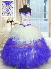 Customized Blue And White Ball Gowns Beading and Ruffles Quinceanera Dress Lace Up Organza Sleeveless Floor Length
