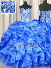 On Sale Blue Sleeveless Floor Length Beading and Ruffles Lace Up Sweet 16 Dress