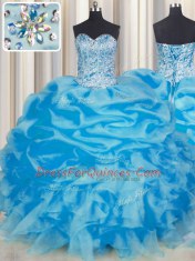 Fancy Organza Sweetheart Sleeveless Lace Up Beading and Ruffles and Pick Ups Quinceanera Gown in Blue
