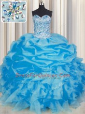 Fancy Organza Sweetheart Sleeveless Lace Up Beading and Ruffles and Pick Ups Quinceanera Gown in Blue