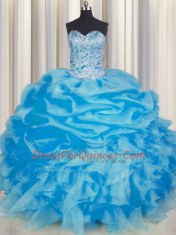 Fancy Organza Sweetheart Sleeveless Lace Up Beading and Ruffles and Pick Ups Quinceanera Gown in Blue