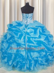Fancy Organza Sweetheart Sleeveless Lace Up Beading and Ruffles and Pick Ups Quinceanera Gown in Blue