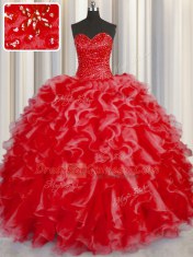 Stunning Organza Halter Top Sleeveless Lace Up Beading and Ruffles Quinceanera Dress in Coral Red