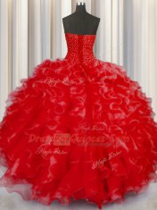 Stunning Organza Halter Top Sleeveless Lace Up Beading and Ruffles Quinceanera Dress in Coral Red