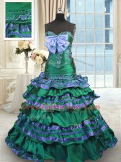 Dark Green Sweetheart Neckline Appliques and Embroidery and Ruffled Layers and Bowknot Quinceanera Dress Sleeveless Lace Up Dark Green Sweetheart Neckline Appliques and Embroidery and Ruffled Layers and Bowknot Quinceanera Dress Sleeveless Lace Up