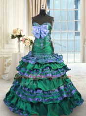 Dark Green Sweetheart Neckline Appliques and Embroidery and Ruffled Layers and Bowknot Quinceanera Dress Sleeveless Lace Up