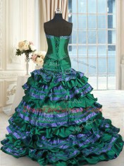 Dark Green Sweetheart Neckline Appliques and Embroidery and Ruffled Layers and Bowknot Quinceanera Dress Sleeveless Lace Up