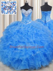 Baby Blue Sweetheart Neckline Beading and Ruffles Quince Ball Gowns Sleeveless Lace Up