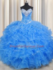 Baby Blue Sweetheart Neckline Beading and Ruffles Quince Ball Gowns Sleeveless Lace Up