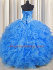 Baby Blue Sweetheart Neckline Beading and Ruffles Quince Ball Gowns Sleeveless Lace Up