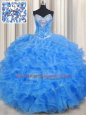Baby Blue Sweetheart Neckline Beading and Ruffles Quince Ball Gowns Sleeveless Lace Up
