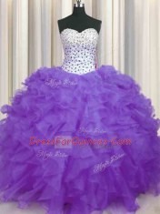 Sexy Sweetheart Sleeveless 15 Quinceanera Dress Floor Length Beading and Ruffles Lavender Organza