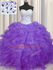 Sexy Sweetheart Sleeveless 15 Quinceanera Dress Floor Length Beading and Ruffles Lavender Organza