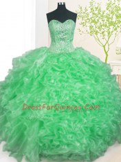 Romantic Apple Green Organza Lace Up Sweetheart Sleeveless Floor Length Ball Gown Prom Dress Beading and Ruffles and Pick Ups