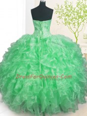 Romantic Apple Green Organza Lace Up Sweetheart Sleeveless Floor Length Ball Gown Prom Dress Beading and Ruffles and Pick Ups