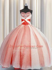 Fabulous Sleeveless Floor Length Beading and Sequins and Ruching Lace Up Quince Ball Gowns with Orange Red