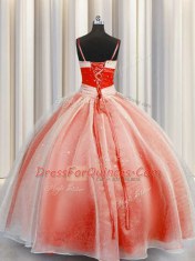 Fabulous Sleeveless Floor Length Beading and Sequins and Ruching Lace Up Quince Ball Gowns with Orange Red