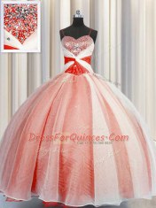 Fabulous Sleeveless Floor Length Beading and Sequins and Ruching Lace Up Quince Ball Gowns with Orange Red