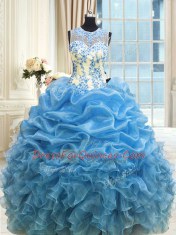 Ideal Scoop Sleeveless Floor Length Beading and Ruffles Zipper Sweet 16 Dresses with Baby Blue