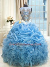 Ideal Scoop Sleeveless Floor Length Beading and Ruffles Zipper Sweet 16 Dresses with Baby Blue