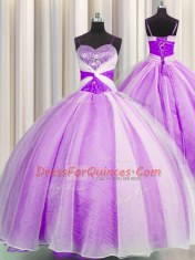 Elegant Spaghetti Straps Sleeveless Floor Length Beading and Sequins and Ruching Lace Up Ball Gown Prom Dress with Lilac