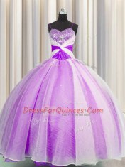 Elegant Spaghetti Straps Sleeveless Floor Length Beading and Sequins and Ruching Lace Up Ball Gown Prom Dress with Lilac