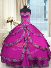 Fuchsia Sleeveless Taffeta Lace Up Quinceanera Gown for Military Ball and Sweet 16 and Quinceanera
