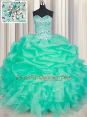 Romantic Turquoise Sweetheart Lace Up Beading and Ruffles and Pick Ups Quinceanera Dress Sleeveless