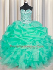Romantic Turquoise Sweetheart Lace Up Beading and Ruffles and Pick Ups Quinceanera Dress Sleeveless