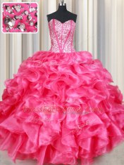 On Sale Floor Length Coral Red 15 Quinceanera Dress Organza Sleeveless Beading and Ruffles