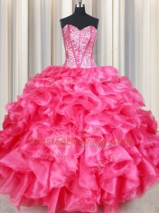 On Sale Floor Length Coral Red 15 Quinceanera Dress Organza Sleeveless Beading and Ruffles