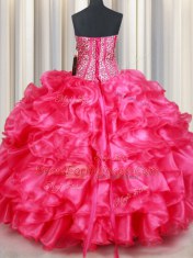 On Sale Floor Length Coral Red 15 Quinceanera Dress Organza Sleeveless Beading and Ruffles