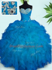 Admirable Blue Sleeveless Beading and Ruffles Floor Length Quinceanera Gown