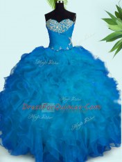 Admirable Blue Sleeveless Beading and Ruffles Floor Length Quinceanera Gown