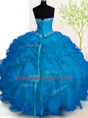 Admirable Blue Sleeveless Beading and Ruffles Floor Length Quinceanera Gown