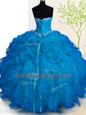 Admirable Blue Sleeveless Beading and Ruffles Floor Length Quinceanera Gown