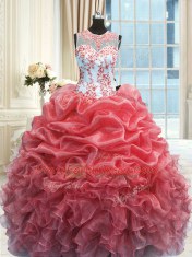 Scoop Watermelon Red Sleeveless Organza Zipper Quince Ball Gowns for Military Ball and Sweet 16 and Quinceanera