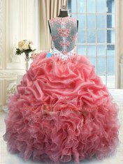 Scoop Watermelon Red Sleeveless Organza Zipper Quince Ball Gowns for Military Ball and Sweet 16 and Quinceanera