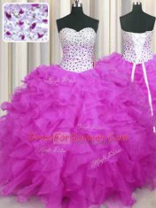 Floor Length Fuchsia Quinceanera Gown Sweetheart Sleeveless Lace Up
