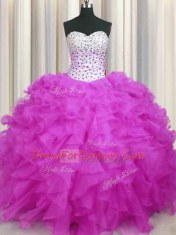 Floor Length Fuchsia Quinceanera Gown Sweetheart Sleeveless Lace Up