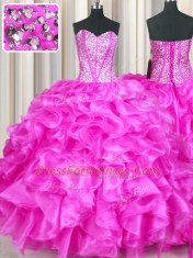 Hot Selling Floor Length Lace Up Vestidos de Quinceanera Fuchsia for Military Ball and Sweet 16 and Quinceanera with Beading and Ruffles
